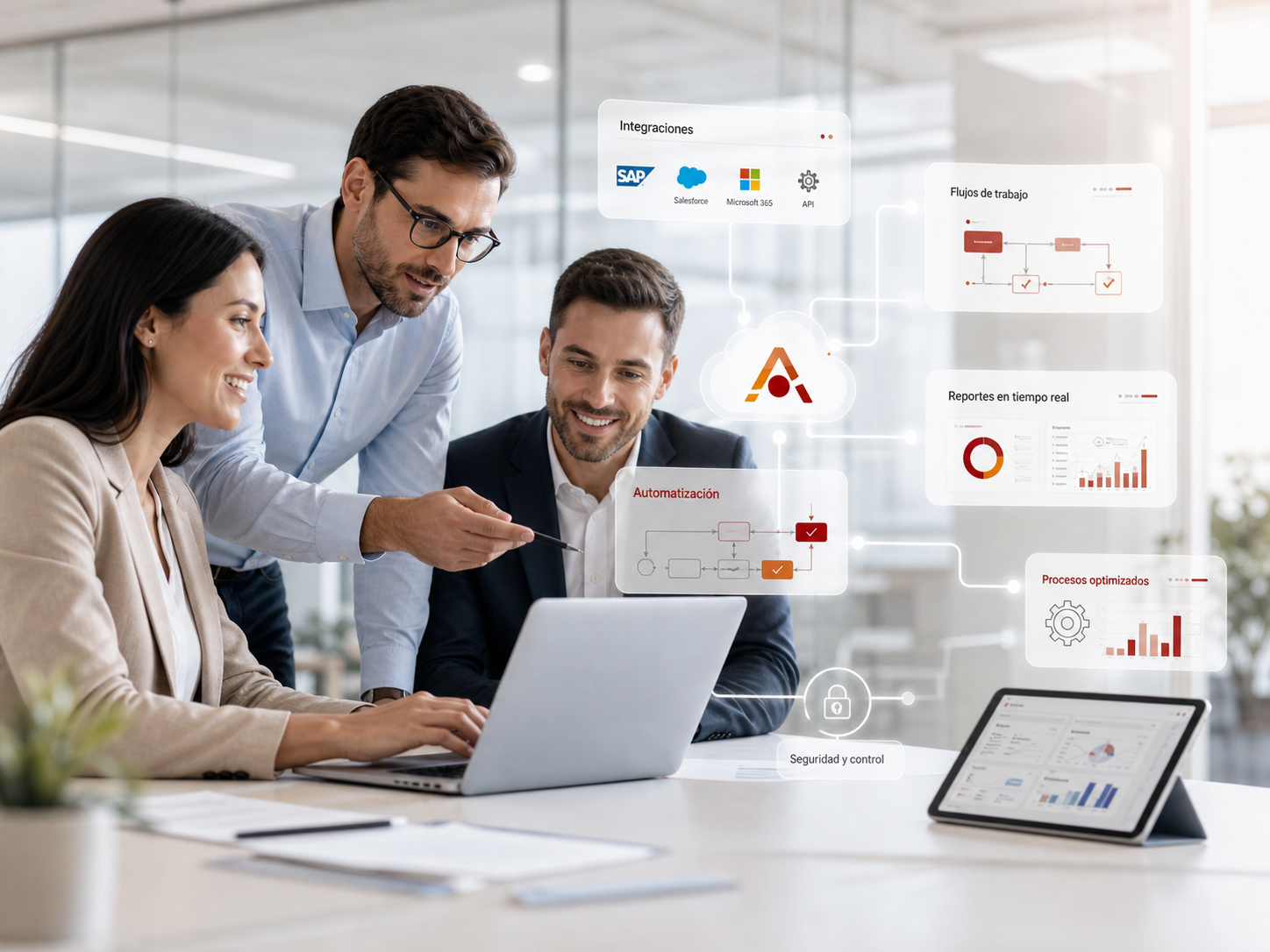 Equipo de Adcore en un entorno de consultoría y trabajo colaborativo